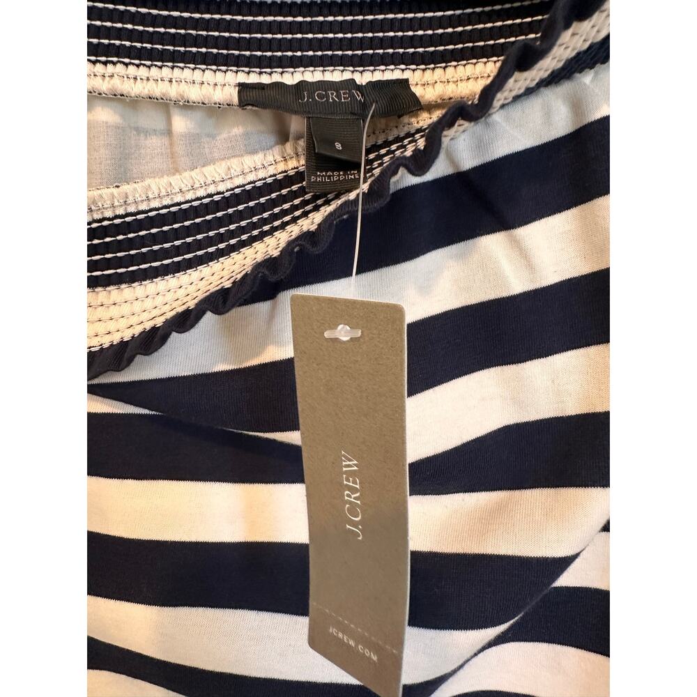 JCrew Stripe Off Shoulder Quarter Sleeve Tied Cuffs Mini Shift Dress Navy Ivory - Picture 6 of 9